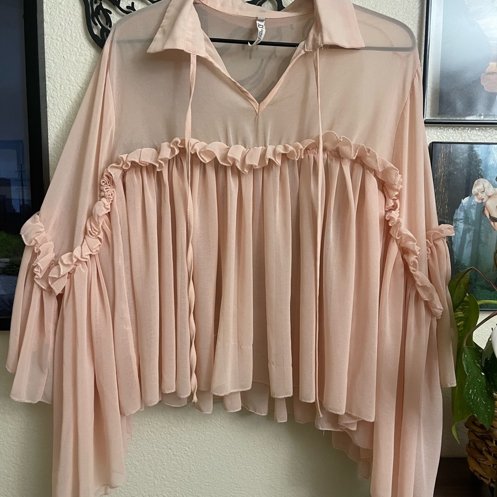 Nasty Gal Elegant Sheer Ruffle Blouse - Pink